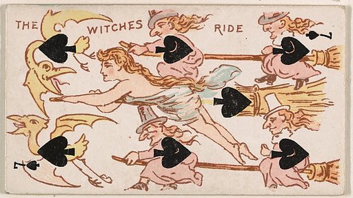 Seven of Spades, The Witches Ride, from Harlequin Cards, 2nd Series (N220) issued by Kinney Bros.