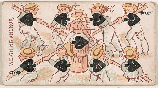 Nine of Spades, Weighing Anchor, from Harlequin Cards, 2nd Series (N220) issued by Kinney Bros.