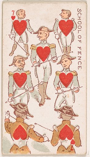 Seven of Hearts, School of Fence, from Harlequin Cards, 2nd Series (N220) issued by Kinney Bros.