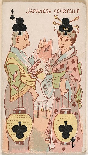 Four of Clubs, Japanese Courtship, from Harlequin Cards, 2nd Series (N220) issued by Kinney Bros.