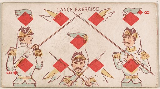 Nine of Diamonds, Lance Exercise, from Harlequin Cards, 2nd Series (N220) issued by Kinney Bros.