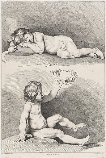 Two nude children, one sleeping and the other holding a wreath, from "New Book of Children"