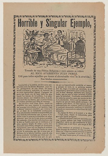 Broadsheet relating to the greed of Juan Pérez and his ill-gotten financial gains through dishonesty, abusing the poor, and swindling the church, a description in the bottom section continuing on verso