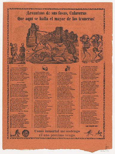 Broadsheet relating to skeletons rising from their graves, two skeletons duelling with swords