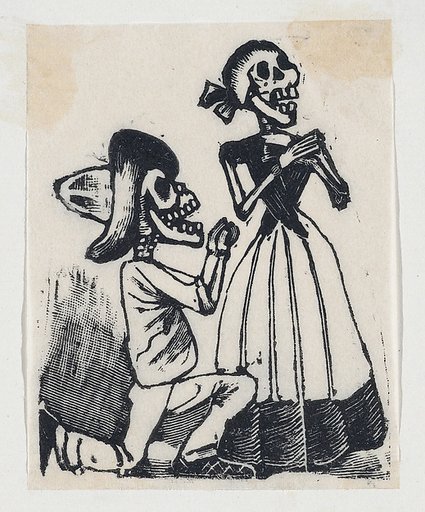A male skeleton on his knees before a female skeleton (vignette for the feast of the dead)