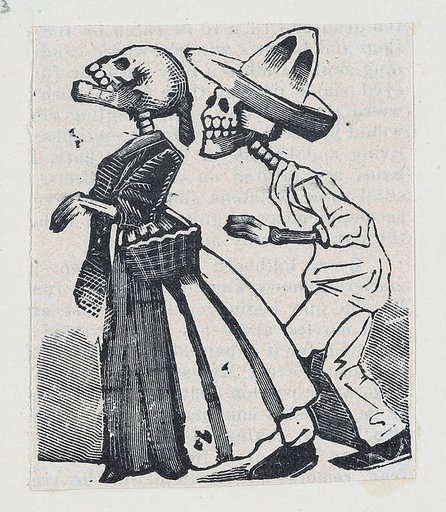 A male skeleton walking behind a female skeleton (vignette for the feast of the dead)