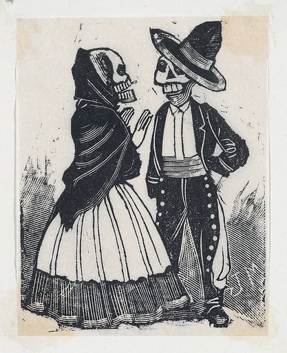 A male and female skeleton talking (vignette for the feast of the dead)