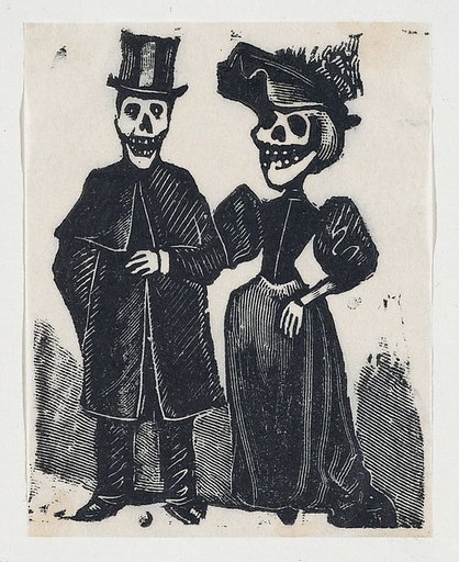 Elegantly dressed male and female skeletons arm in arm (vignette for the feast of the dead)