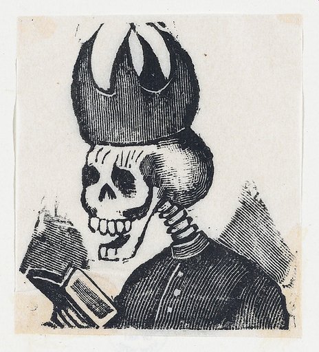A skeleton wearing a bishop's mitre reading a book (vignette for the feast of the dead)
