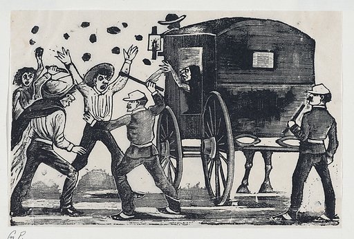 Men fighting near a horse and carriage