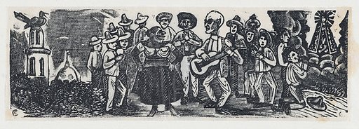 A man playing a guitar serenading a woman, figures surround