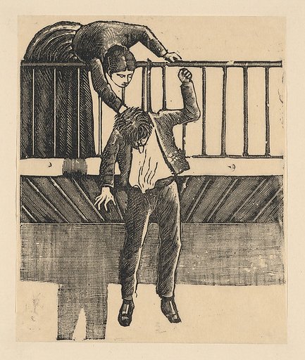 A woman discovering a man who has committed suicide by hanging himself from a balcony