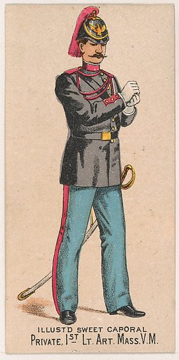 Private, 1st Light Artillery, Massachusetts, V.M., from the Military Series (N224) issued by Kinney Tobacco Company to promote Sweet Caporal Cigarettes