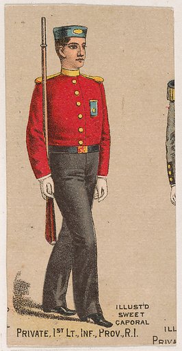 Private, 1st Light Infantry, Providence, Rhode Island, from the Military Series (N224) issued by Kinney Tobacco Company to promote Sweet Caporal Cigarettes