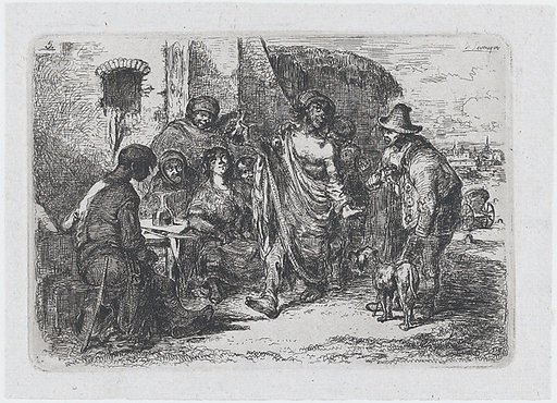 Plate 5: a drunk and dishevelled man dancing in the street surrounded by a group of onlookers, from "Customs and Pastimes of the Spanish People"
