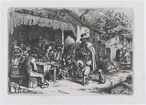 Plate 7: a street musician and a child accomplice playing before a group of seated figures, from "Customs and Pastimes of the Spanish People"
