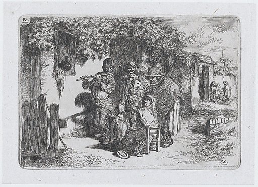 Plate 12: a group of people outdoors including a boy playing a flute, from "Customs and Pastimes of the Spanish People"