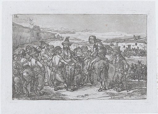 Plate 14: a large group of people outdoors, possibly a troupe of actors, from "Customs and Pastimes of the Spanish People"