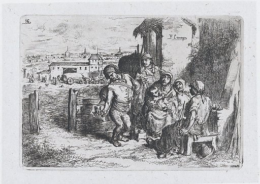 Plate 16: a group of people outdoors, including a man pouring wine or water from a vessel on his back, from "Customs and Pastimes of the Spanish People"
