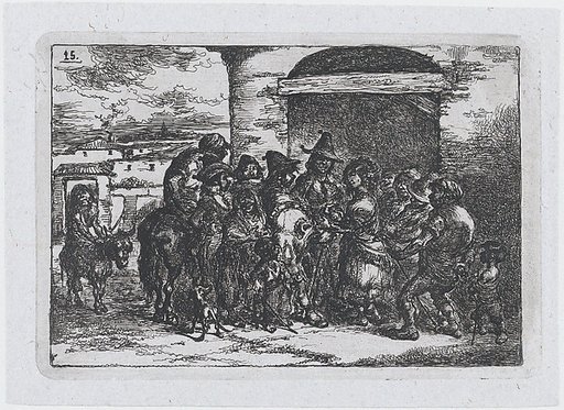 Plate 15: a group of people outdoors, possibly a troupe of actors, from "Customs and Pastimes of the Spanish People"
