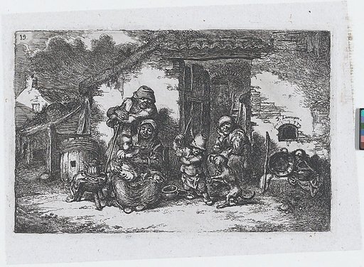 Plate 19: a family and a boy playing with a dog outside a house, from "Customs and Pastimes of the Spanish People"