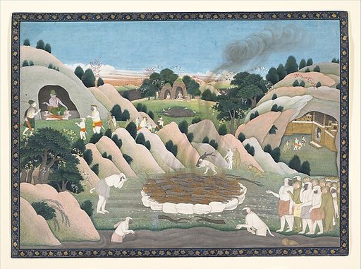 The Monkey King Vali's Funeral Pyre: Illustrated folio from a dispersed Ramayana series