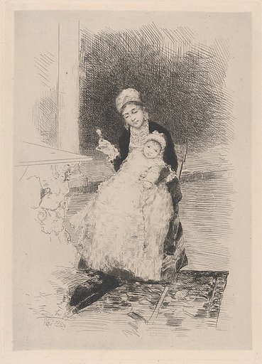 A seated woman holding a child