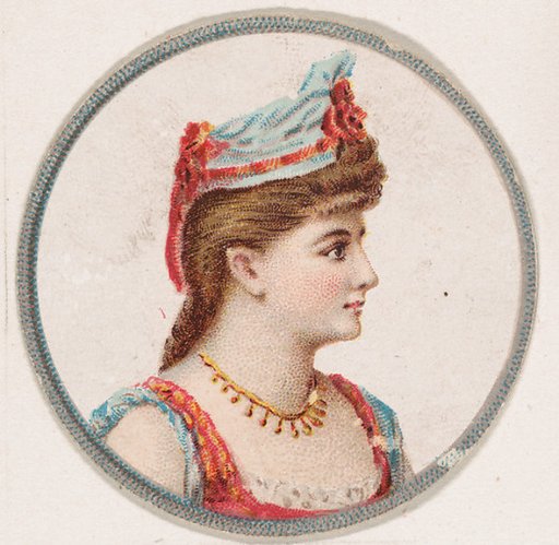 Woman wearing blue hat with pink ribbons, from the Novelties series (N228, Type 2) issued by Kinney Bros.