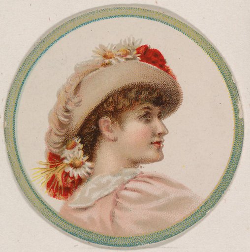Woman wearing hat with flowers and feathers, from the Novelties series (N228, Type 2) issued by Kinney Bros.