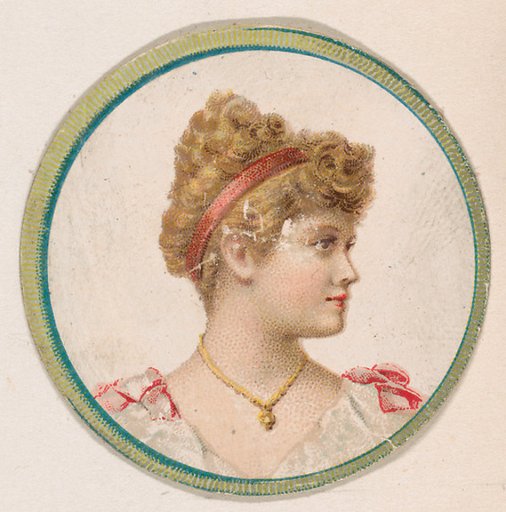 Woman wearing pink ribbon in hair, from the Novelties series (N228, Type 2) issued by Kinney Bros.