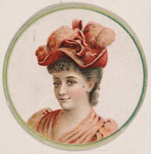 Woman wearing hat with pink feathers, from the Novelties series (N228, Type 2) issued by Kinney Bros.