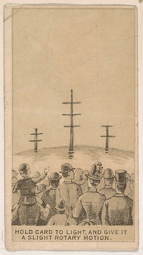 A crowd of men staring at power lines, from the Magic Changing Cards series (N223) issued by Kinney Tobacco Company