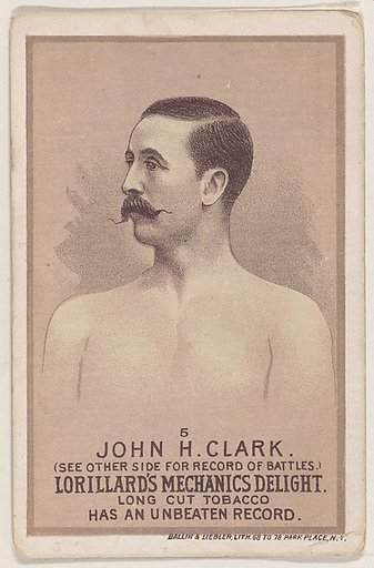 Card 5, John H. Clark, from the Prizefighters series (N269) issued by P. Lorillard Company to promote Mechanics Delight Long Cut Tobacco