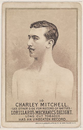 Card 10, Charley Mitchell, from the Prizefighters series (N269) issued by P. Lorillard Company to promote Mechanics Delight Long Cut Tobacco