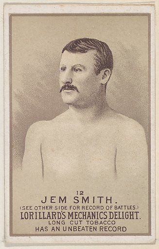 Card 12, Jem Smith, from the Prizefighters series (N269) issued by P. Lorillard Company to promote Mechanics Delight Long Cut Tobacco