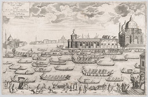 View of the church of Santa Maria della Salute in Venice, a regatta taking place on the canal