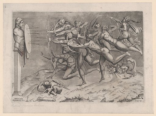 Naked archers shooting at a target attached to a herm, Cupid sleeping below, possibly an allegory related to vice