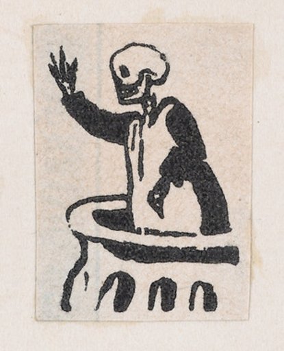 Skeleton standing in a pulpit, from a broaside entitled 'De este famoso hipodromo en la pista, no faltara ni un solo periodista', published by Antonio Vanegas Arroyo.