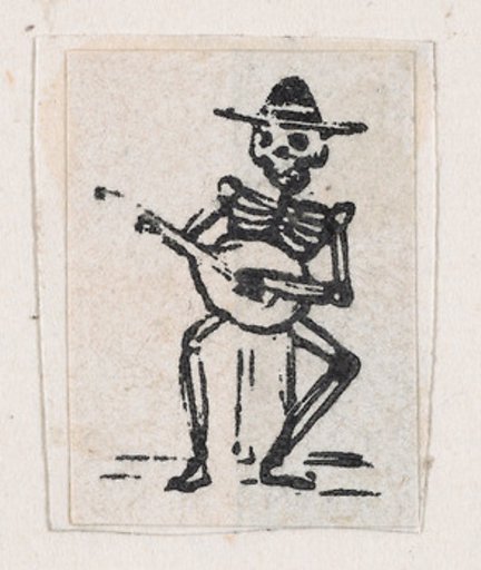 Skeleton playing the guitar, from a broadside entitled 'De este famoso hipodromo en la pista, no faltara ni un solo periodista', published by Antonio Vanegas Arroyo.