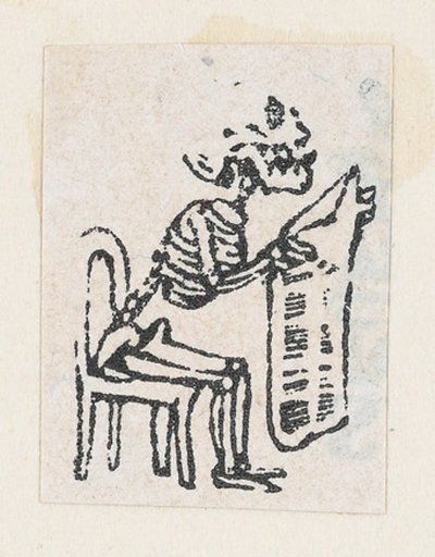 Skeleton sitting on a chair and reading a newspaper, from a broaside entitled 'De este famoso hipodromo en la pista, no faltara ni un solo periodista', published by Antonio Vanegas Arroyo.