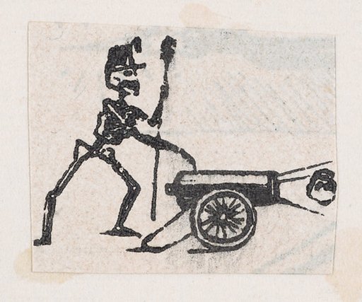 Skeleton firing a canon, from a broadside entitled 'De este famoso hipodromo en la pista, no faltara ni un solo periodista', published by Antonio Vanegas Arroyo.