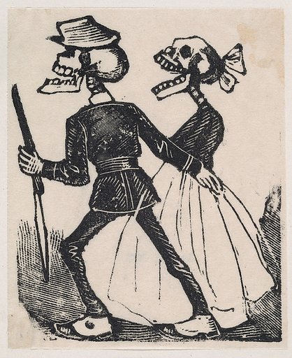 A male skeleton leading a female skeleton to the left, from a broaside entitled 'La Calavera de Cupido', published by Antonio Vanegas Arroyo.