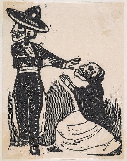 A skeleton in a torero costume turning away from a kneeling skeleton in a shawl and dress, from the broadside "El gran panteón amoroso"