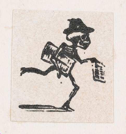 A skeleton wearing a hat, holding newspapers and running