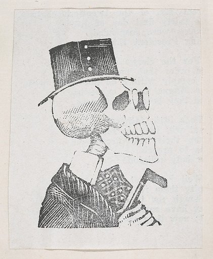A profile of a skeleton with a tophat, a coat, and glasses, from a broaside entitled 'La Calavera de Cupido', published by Antonio Vanegas Arroyo.