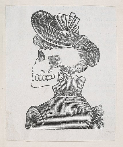 A skeleton with her back turned wearing a coat and hat, from a broaside entitled 'La Calavera de Cupido', published by Antonio Vanegas Arroyo.