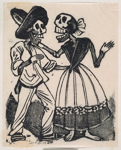 A skeleton in farming clothes speaking to a skeleton in a dress, from a broaside entitled 'La Calavera de Cupido', published by Antonio Vanegas Arroyo.