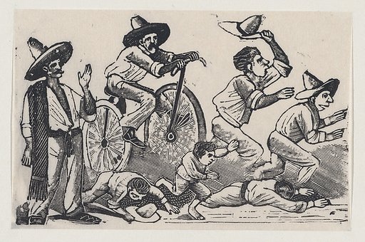 A man on a bicyle running over people, from a broadside entitled 'La Bicicleta'