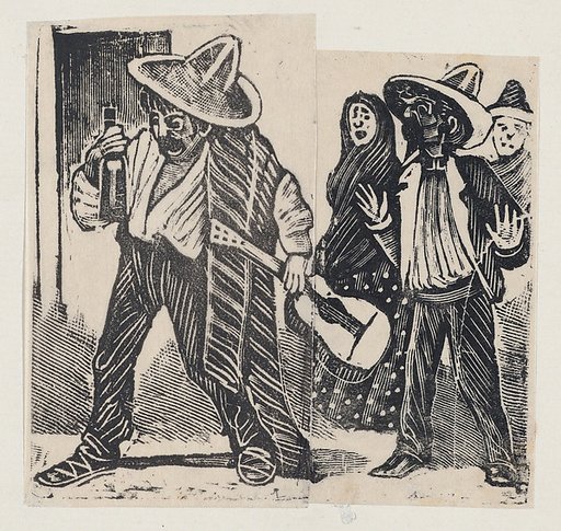 A man holding a bottle and guitar and another man with both hands raised, from a broadside entitled 'Versos de lino matadas', published by Antonio Vanegas Arroyo