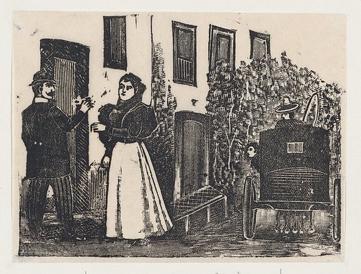 A middle-class couple (Maria la chiquita) outside a house with a waiting coach